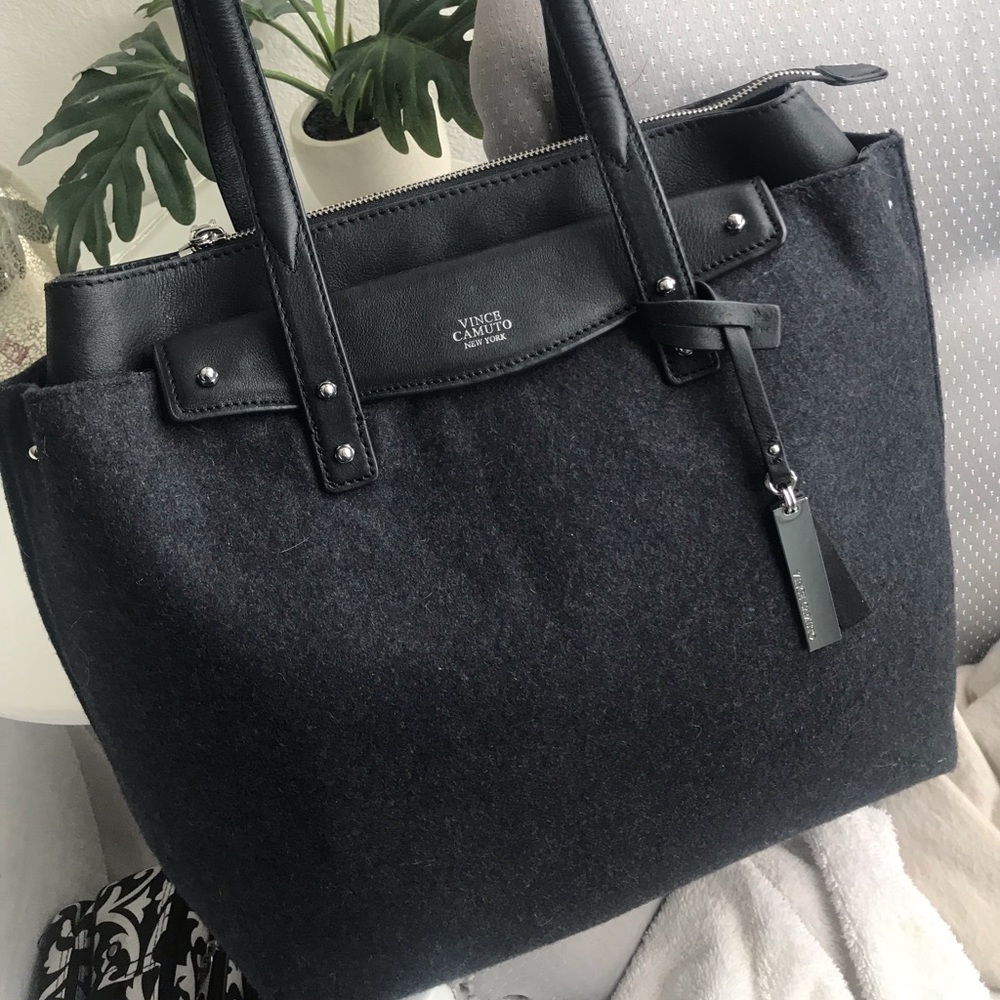 Vince Camuto Black Leather and Flannel Purse